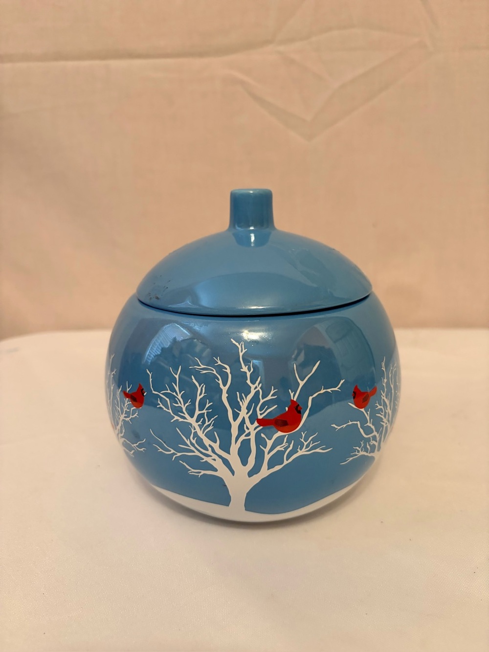 Blue Ceramic Lidded Jar with Red Cardinal Tree Design